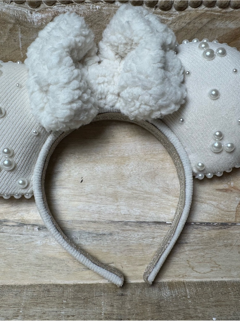 Beautiful Cream Pearl-Embellished mouse ears with Bow Headband